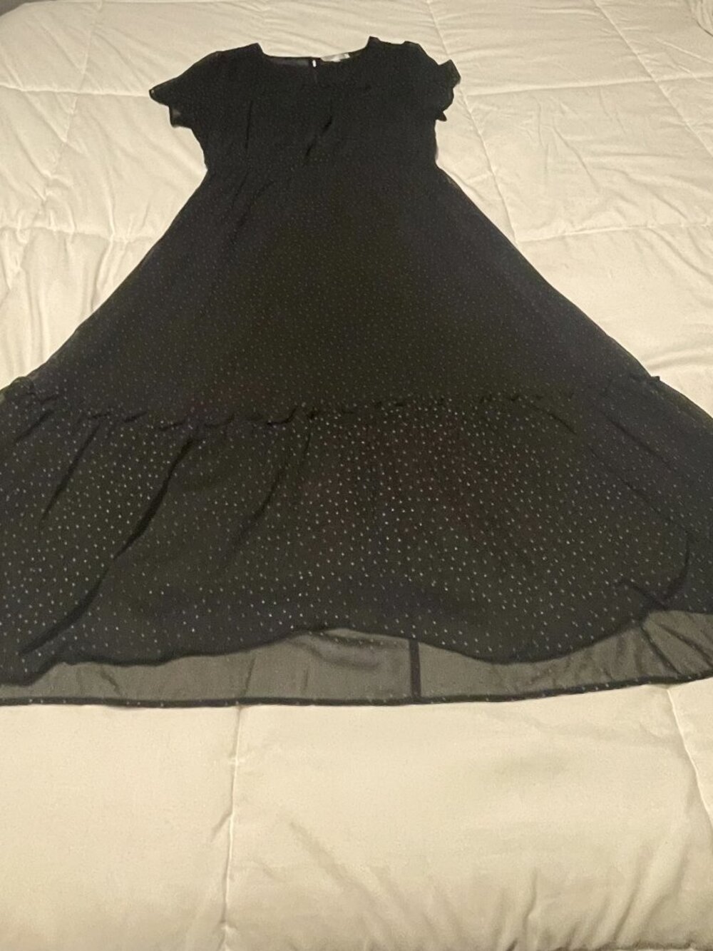 DownEast Black Polka Dot Midi Dress – Sheer Shell, Flowy Fit (Size L)
